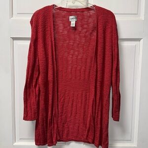 Chicos Cardigan Womens XLarge size 3 pinkish /Red Open Ribbed Stretch Sweater